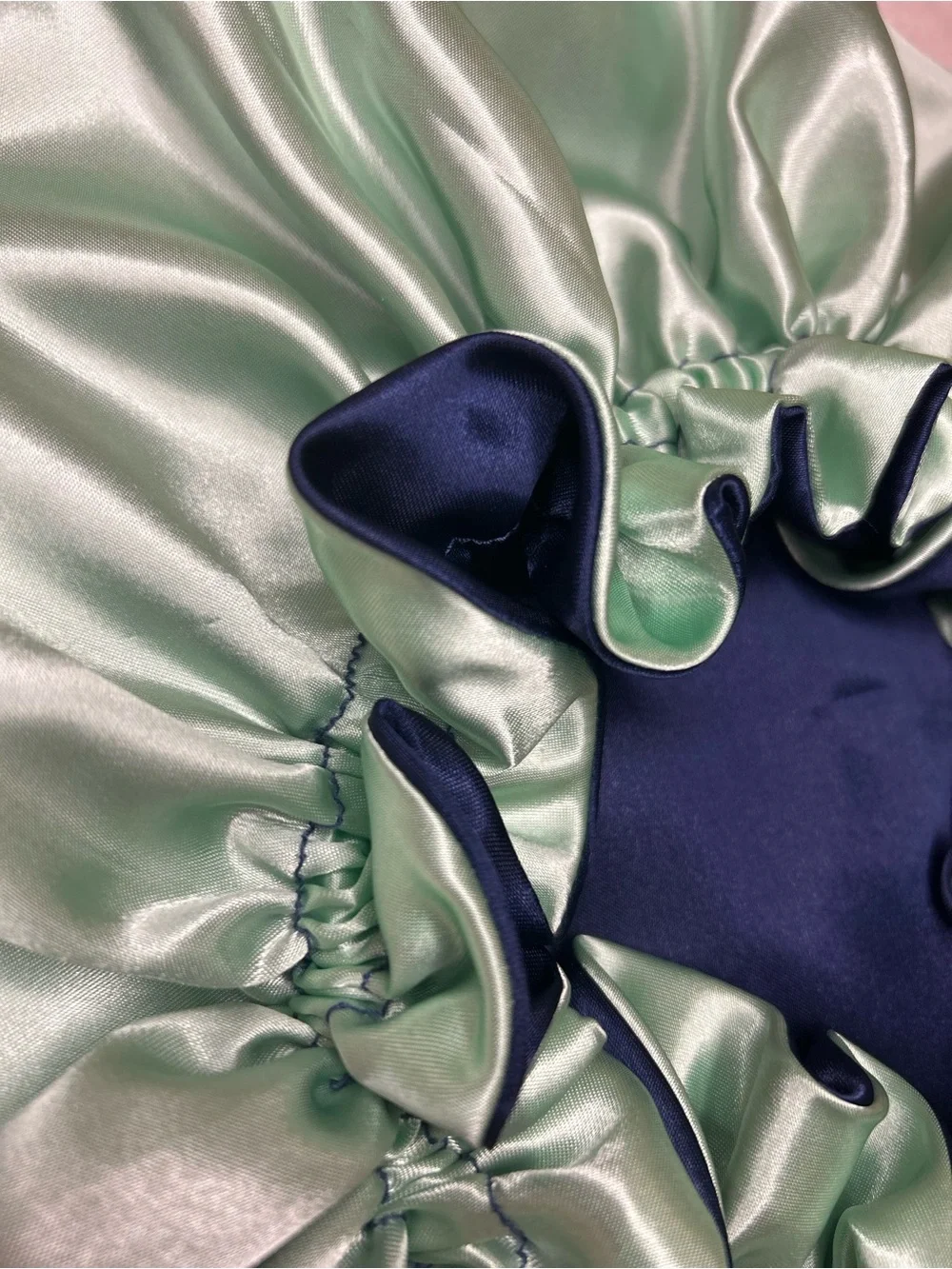 Satin Double-Ruffle Bonnet - Navy and Mint